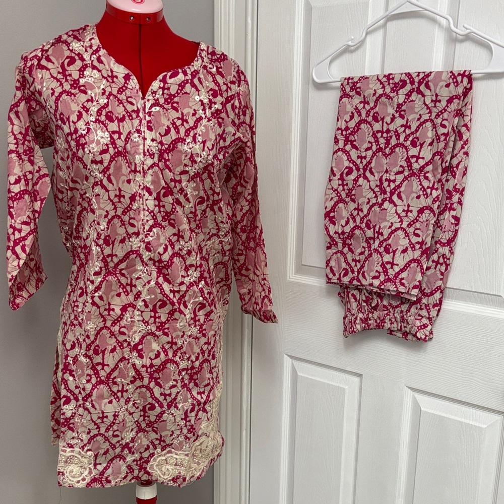 Pink and Cream Printed Kurta Set